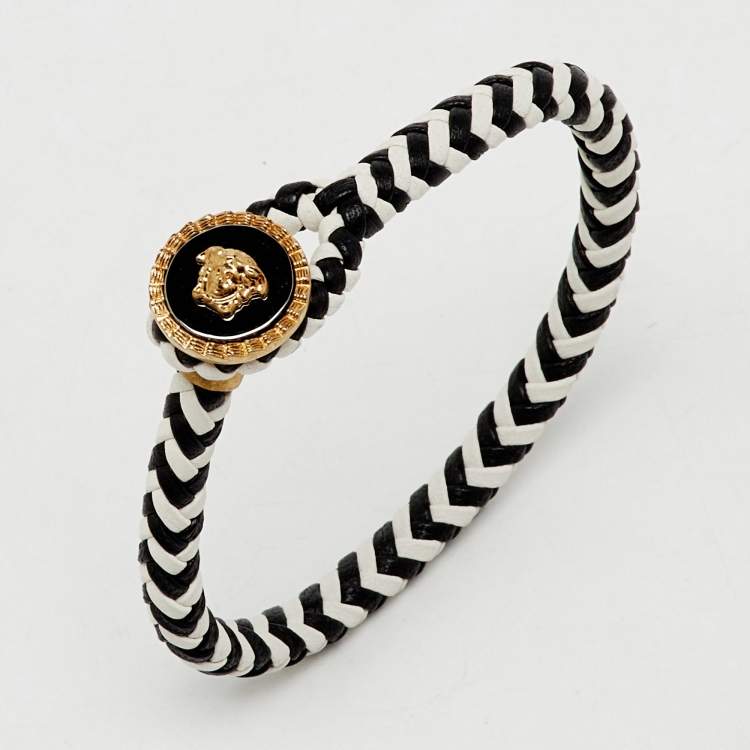Pre Owned Versace Medusa Head Braided Bi-color Leather Toggle Bracelet