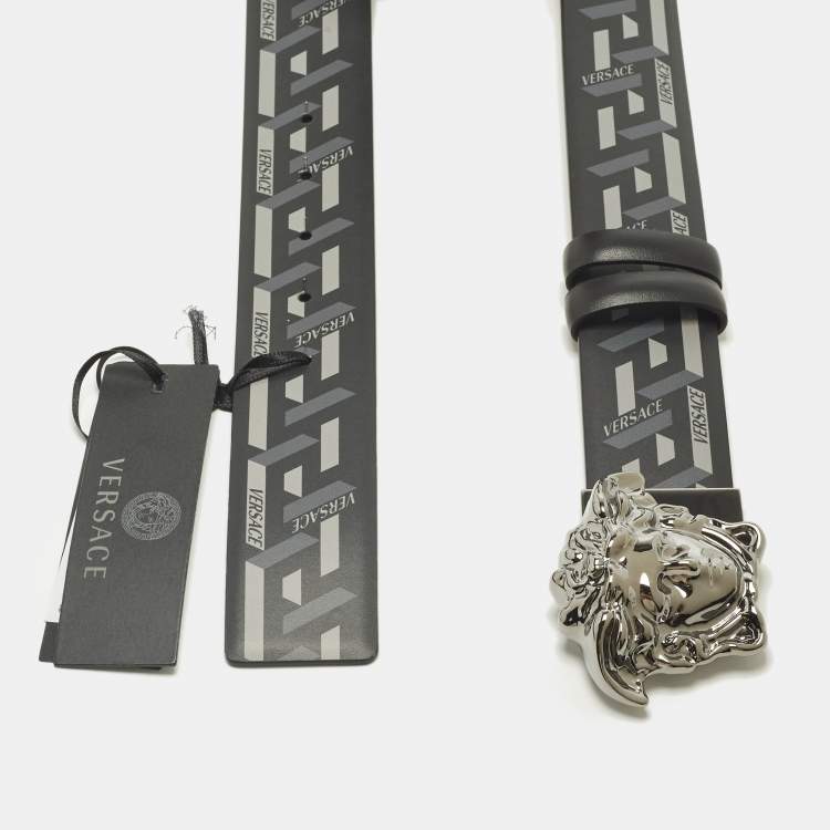 Pre Owned Versace Medusa Head 85CM Black/Grey La Greca Print Leather Belt 