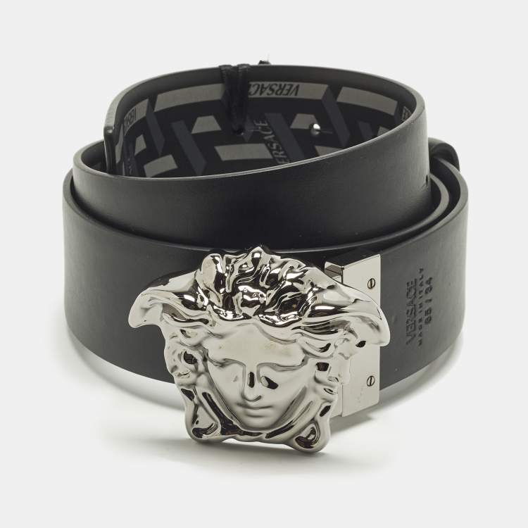 Pre Owned Versace Medusa Head 85CM Black/Grey La Greca Print Leather Belt 