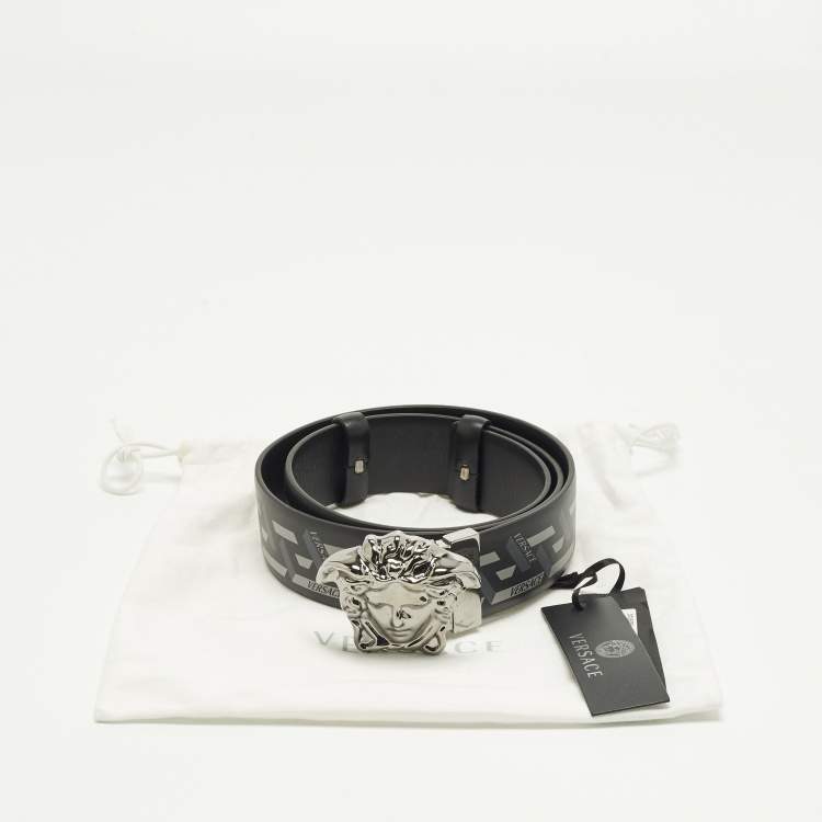 Pre Owned Versace Medusa Head 85CM Black/Grey La Greca Print Leather Belt 