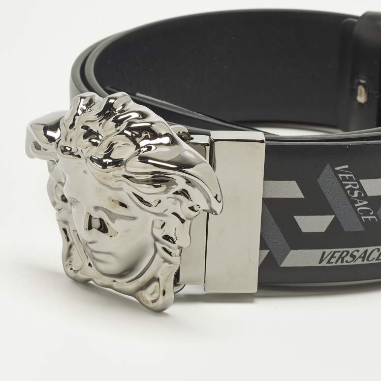 Pre Owned Versace Medusa Head 85CM Black/Grey La Greca Print Leather Belt 