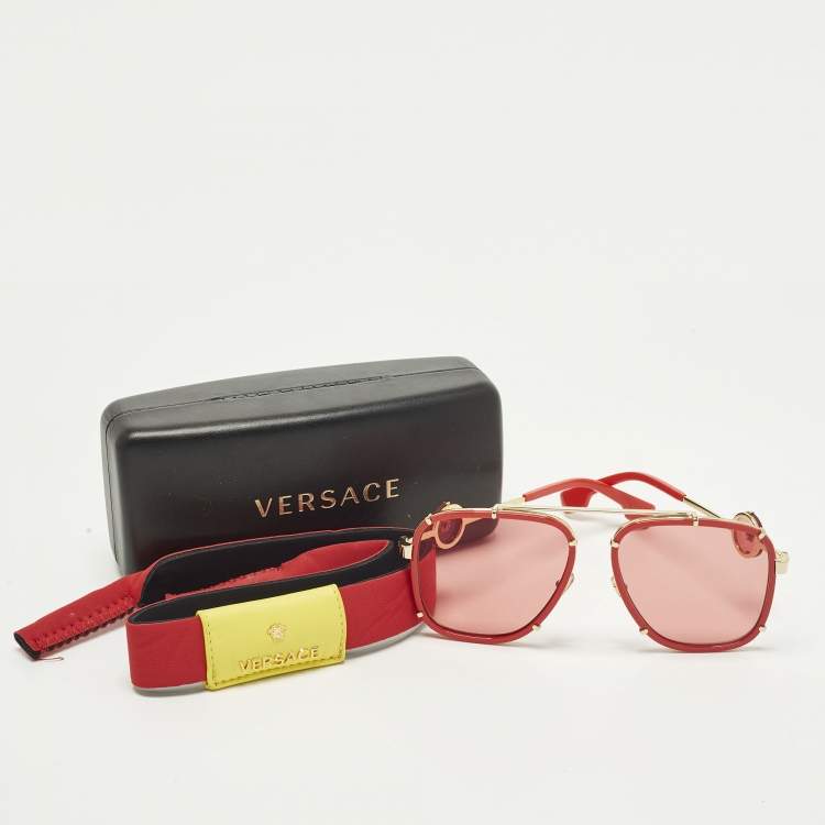 Pre Owned Versace Red/Gold Tone MOD 2233 Icon Square Sunglasses
