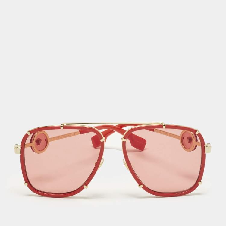 Pre Owned Versace Red/Gold Tone MOD 2233 Icon Square Sunglasses