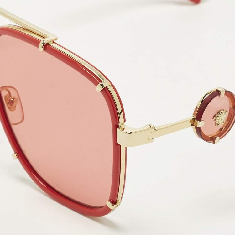 Pre Owned Versace Red/Gold Tone MOD 2233 Icon Square Sunglasses