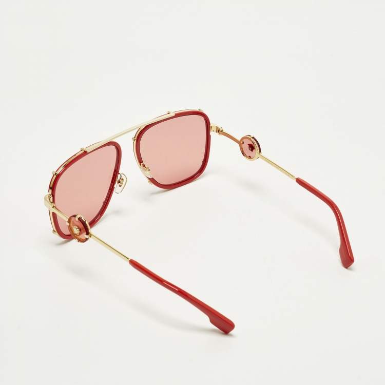 Pre Owned Versace Red/Gold Tone MOD 2233 Icon Square Sunglasses