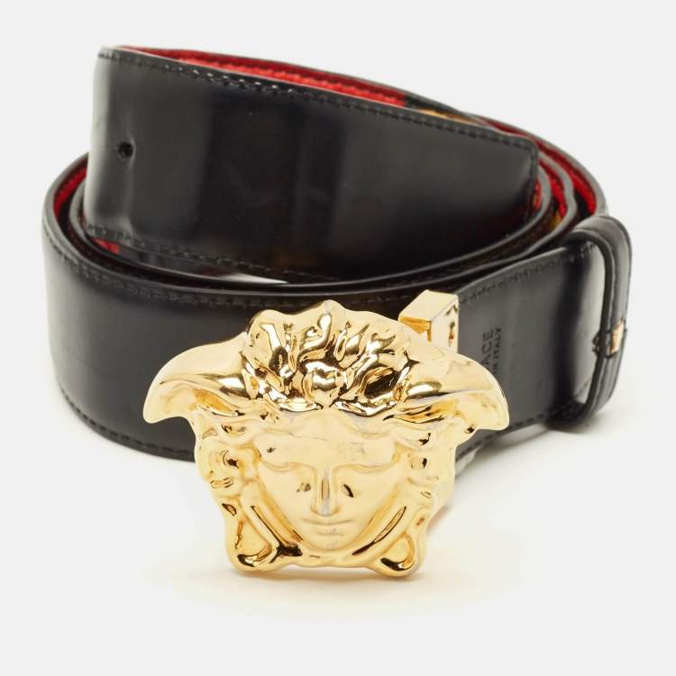 Pre Owned Versace La Medusa Belt Black/Red Printed Leather