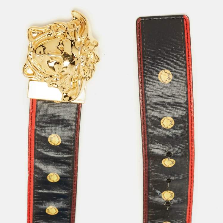 Pre Owned Versace La Medusa Belt Black/Red Printed Leather
