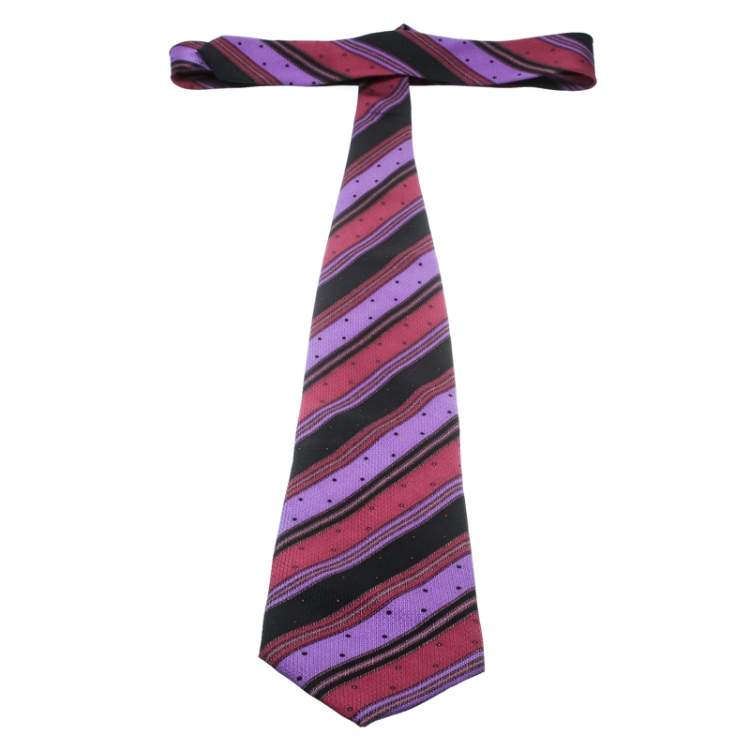 Pre Owned Gianni Versace Vintage Multicolor Diagonal Striped and Dotted Silk Jacquard Tie