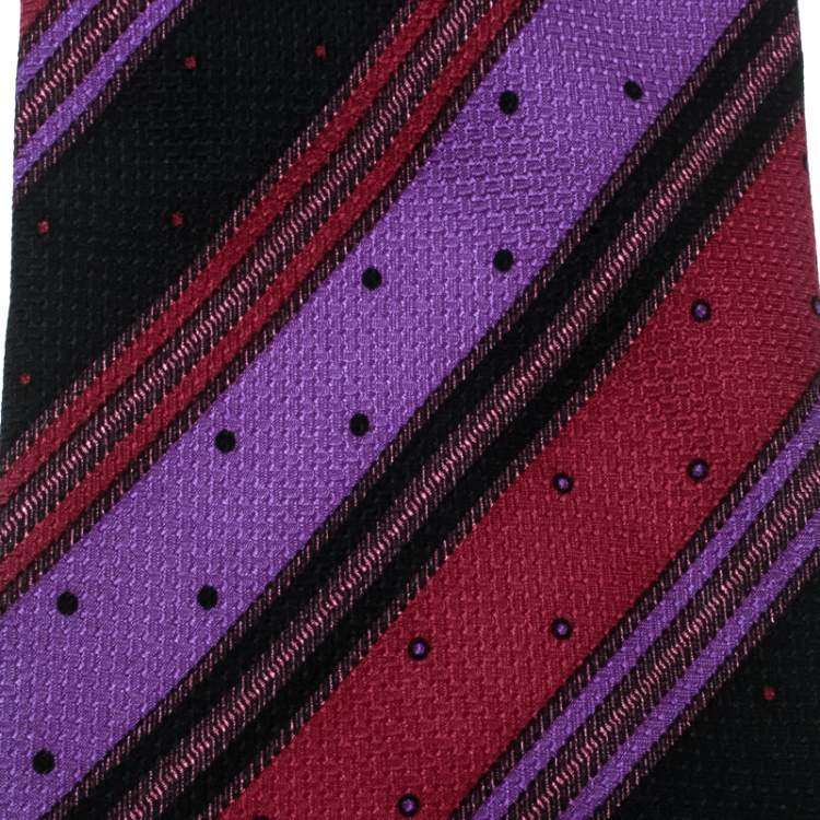 Pre Owned Gianni Versace Vintage Multicolor Diagonal Striped and Dotted Silk Jacquard Tie