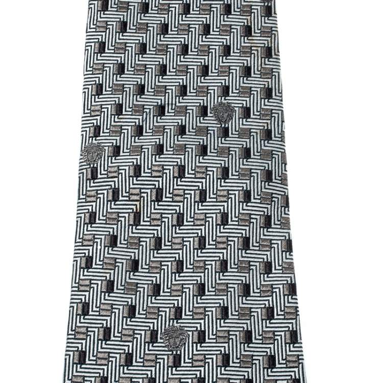 Pre Owned Gianni Versace Vintage Grey Patterned Silk Jacquard Tie