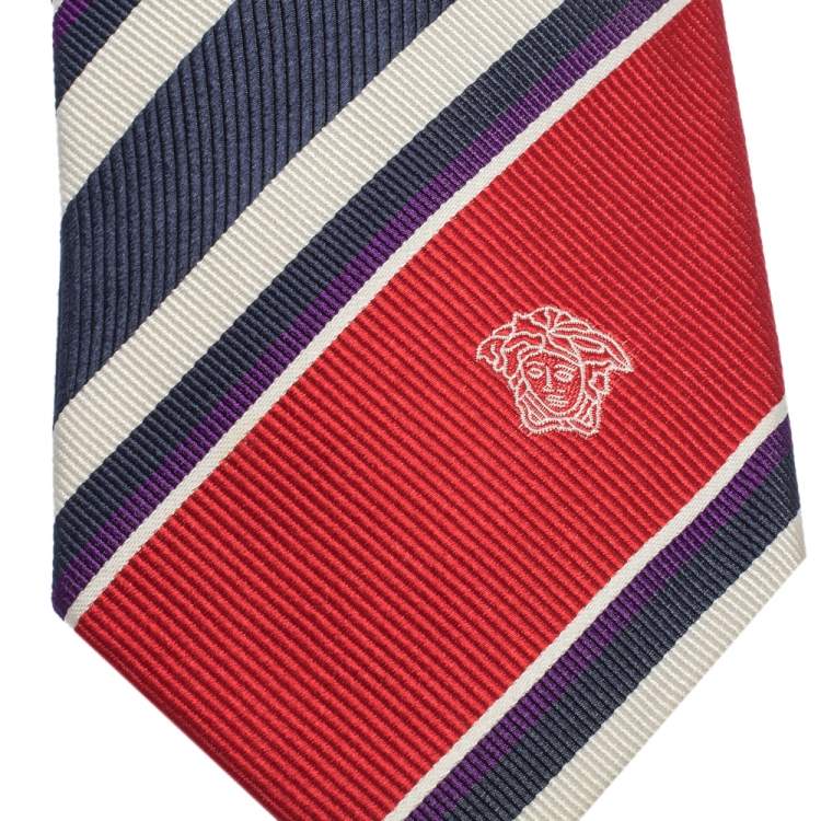 Pre Owned Versace Red & Blue Diagonal Striped Silk Jacquard Tie