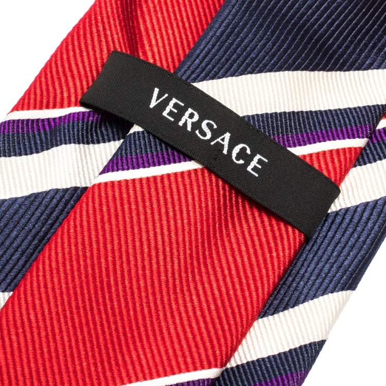 Pre Owned Versace Red & Blue Diagonal Striped Silk Jacquard Tie