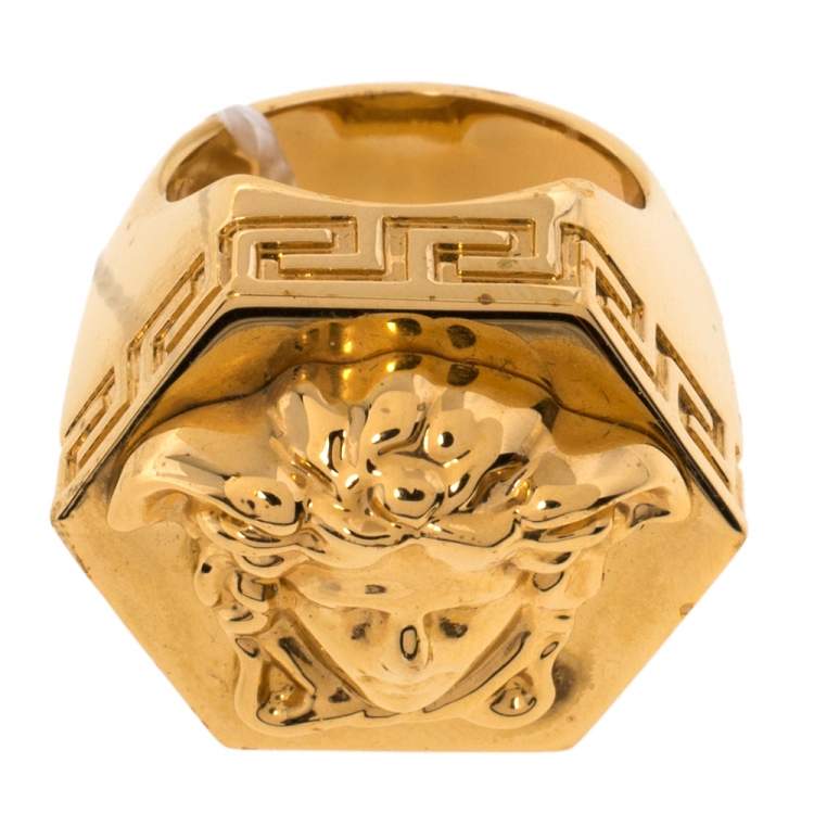 Pre Owned Versace Greca Patterned Medusa Hexagonal Ring Size EU 58