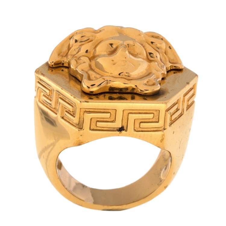 Pre Owned Versace Greca Patterned Medusa Hexagonal Ring Size EU 58