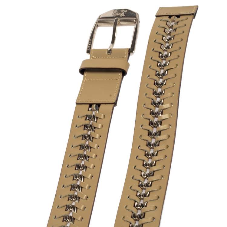 Pre Owned Versace Beige Leather Metal Braided Buckle Belt 110CM
