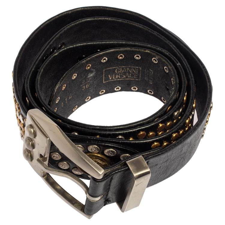 Pre Owned Versace Black Medusa Studded Buckle Belt 90CM