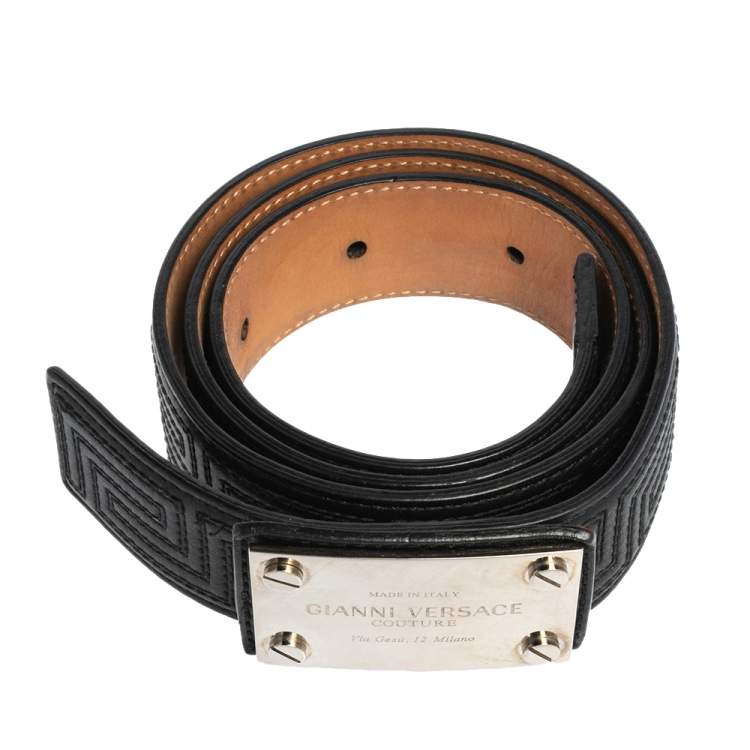 Pre Owned  Versace Black Quilted Leather Logo Plaque Buckle Belt 90 CM