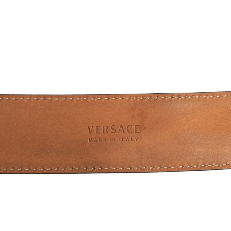 Pre Owned  Versace Black Quilted Leather Logo Plaque Buckle Belt 90 CM