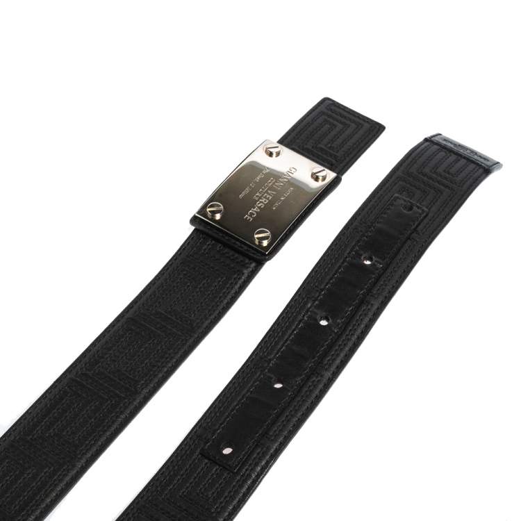Pre Owned  Versace Black Quilted Leather Logo Plaque Buckle Belt 90 CM
