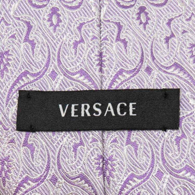 Pre Owned Versace White & Purple Jacquard Silk Tie