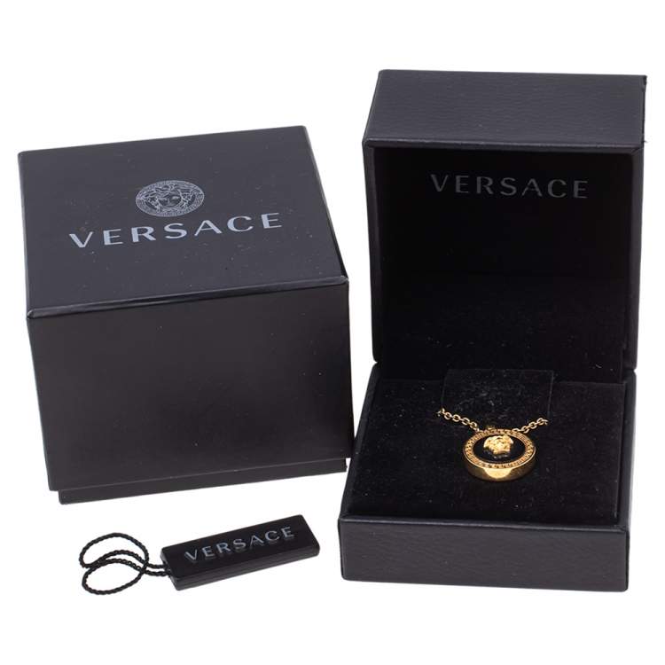 Pre Owned Versace Gold Tone Black Resin Medusa Head Pendant Necklace