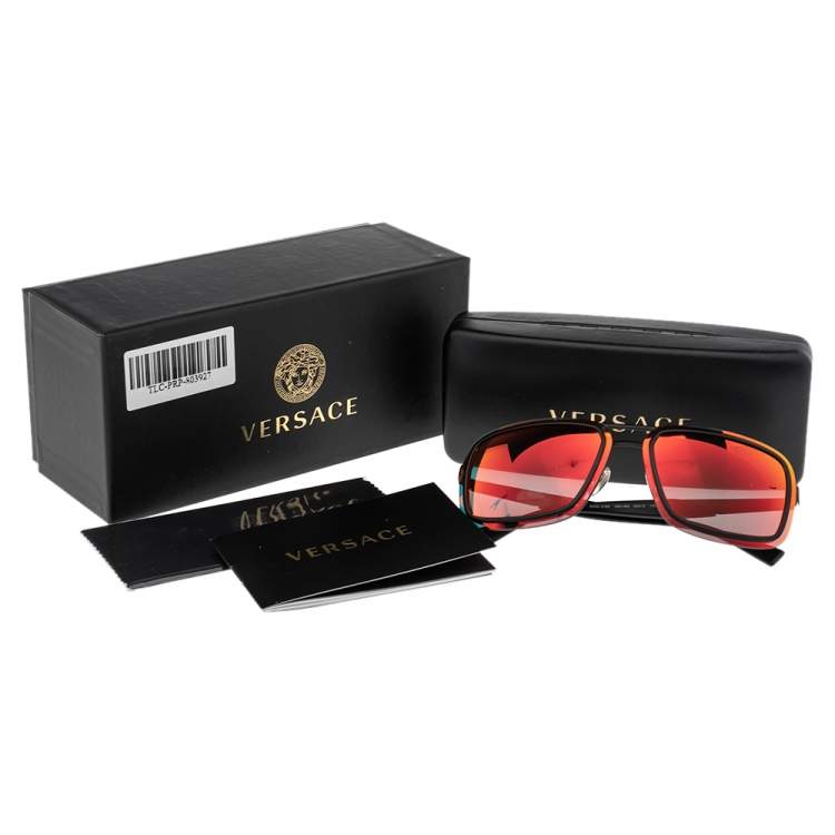 Pre Owned Versace Black/Orange Mirrored 2183 Square Sunglasses