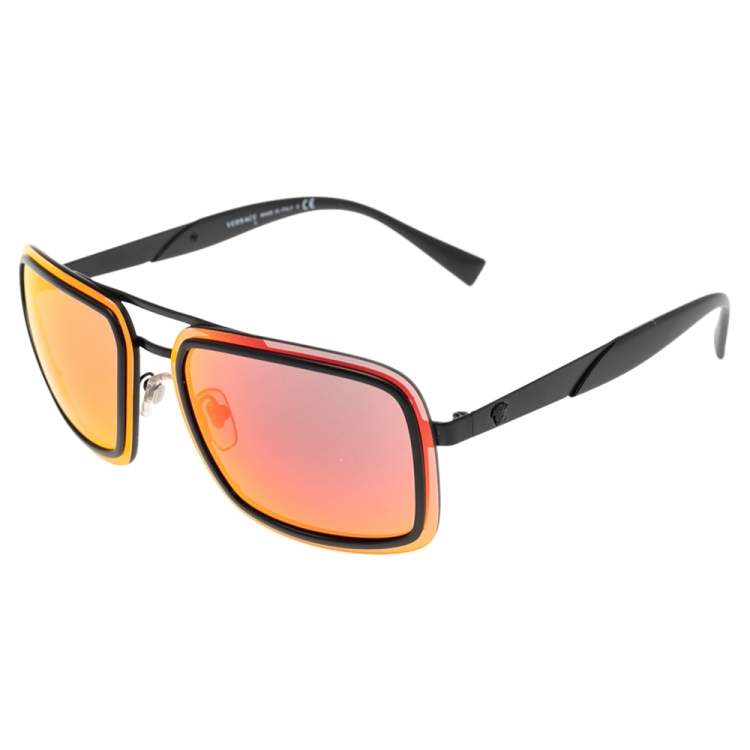 Pre Owned Versace Black/Orange Mirrored 2183 Square Sunglasses