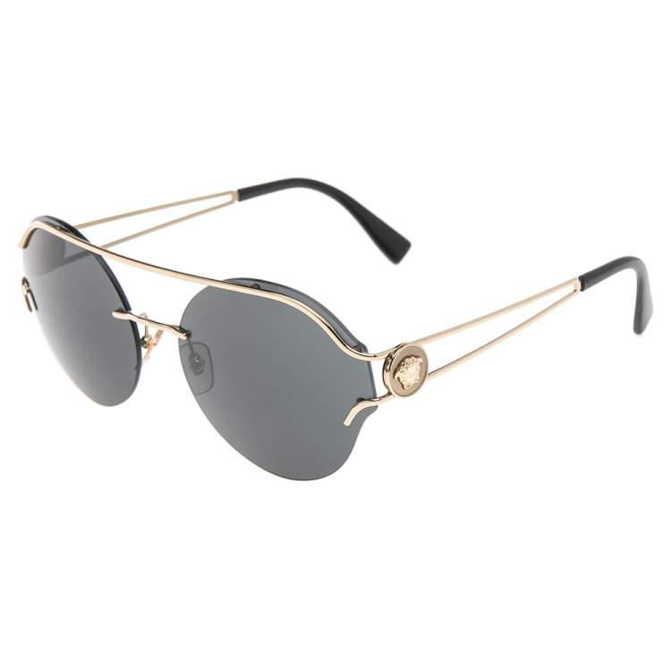 Pre Owned Versace Gold Tone/Black Mod.2184 Round Sunglasses