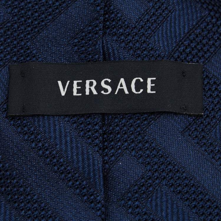 Pre Owned Versace Navy Blue Logo Pattern Jacquard Silk Tie