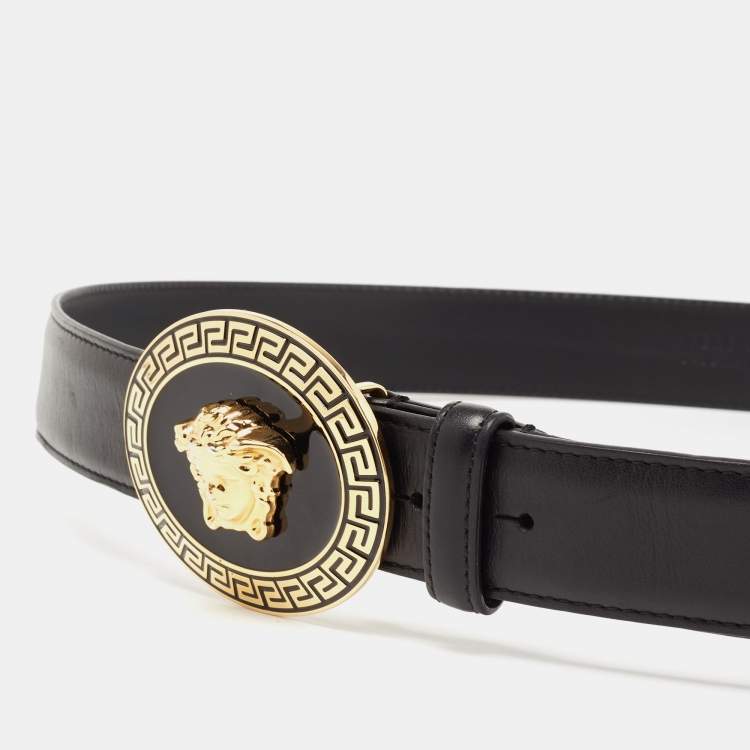 Pre Owned Versace Black Leather Medusa Buckle Belt 105CM
