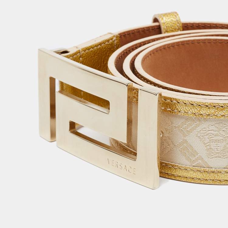 Pre Owned Versace Light Beige/Gold Jacquard And Textured Patent Leather Buckle Belt 95CM