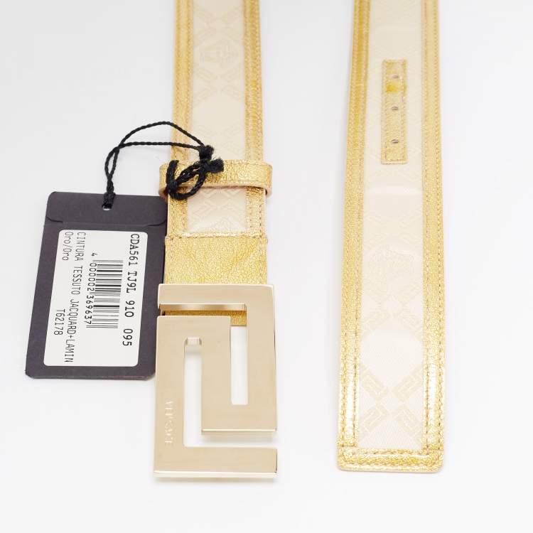 Pre Owned Versace Light Beige/Gold Jacquard And Textured Patent Leather Buckle Belt 95CM