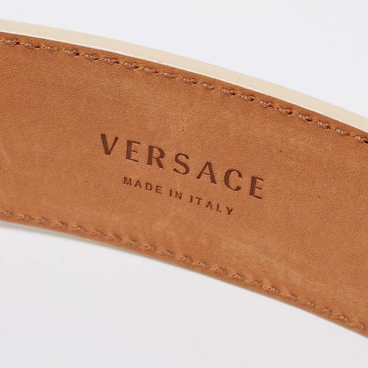 Pre Owned Versace Light Beige/Gold Jacquard And Textured Patent Leather Buckle Belt 95CM
