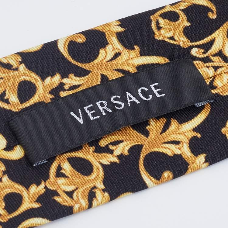 Pre Owned Versace Black Baroque Print Silk Skinny Tie