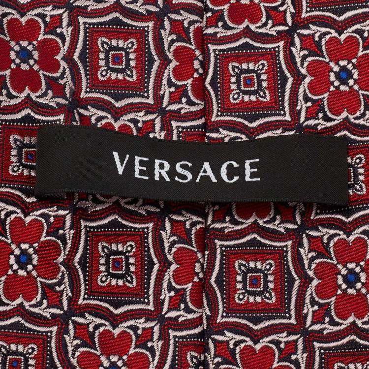 Pre Owned Versace Red Floral Motif Jacquard Silk Tie