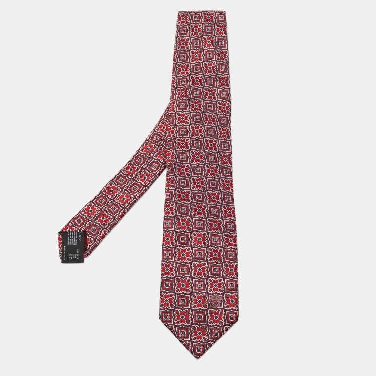 Pre Owned Versace Red Floral Motif Jacquard Silk Tie