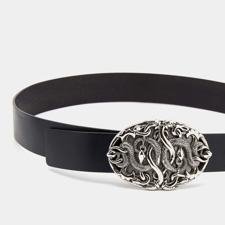 Pre Owned Versace Black Leather Snake Buckle Belt 95CM