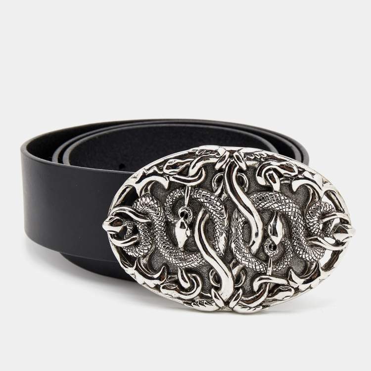 Pre Owned Versace Black Leather Snake Buckle Belt 95CM