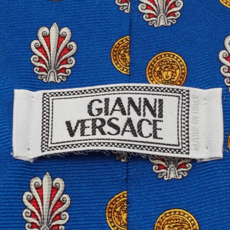 Pre Owned Gianni Versace Vintage Blue & Red Logo Printed Jacquard Tie