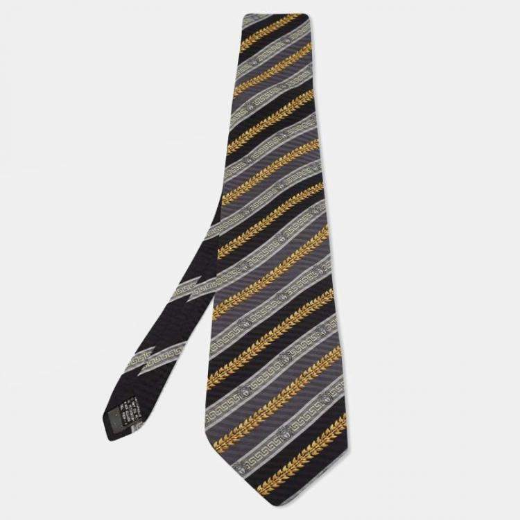 Pre Owned Gianni Versace Vintage Navy Blue & Grey Printed Silk Traditional Tie