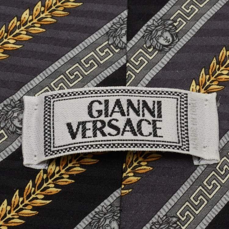 Pre Owned Gianni Versace Vintage Navy Blue & Grey Printed Silk Traditional Tie