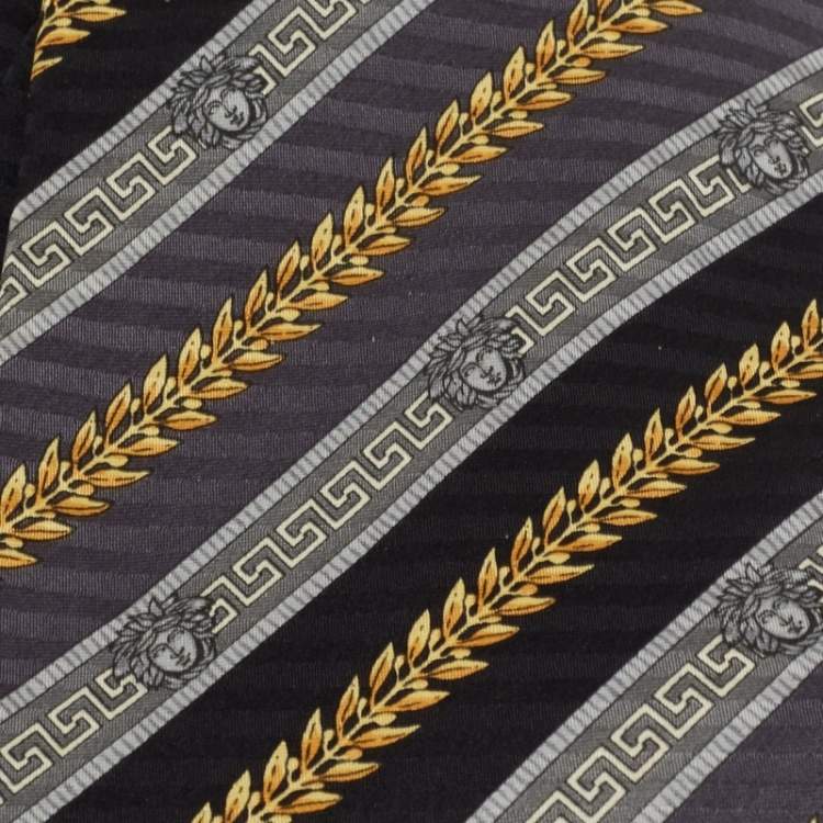 Pre Owned Gianni Versace Vintage Navy Blue & Grey Printed Silk Traditional Tie