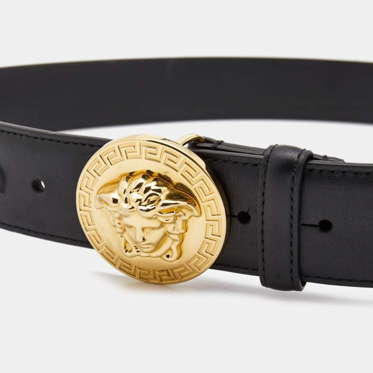 Pre Owned Versace Black Leather Medusa Head Buckle Belt 115CM