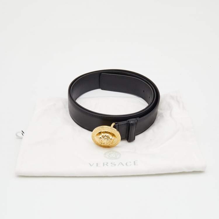 Pre Owned Versace Black Leather Medusa Head Buckle Belt 115CM