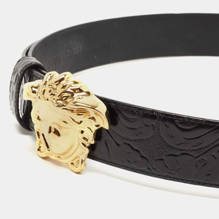 Pre Owned Versace Black Barocco Embossed Leather Medusa Buckle Belt 90CM