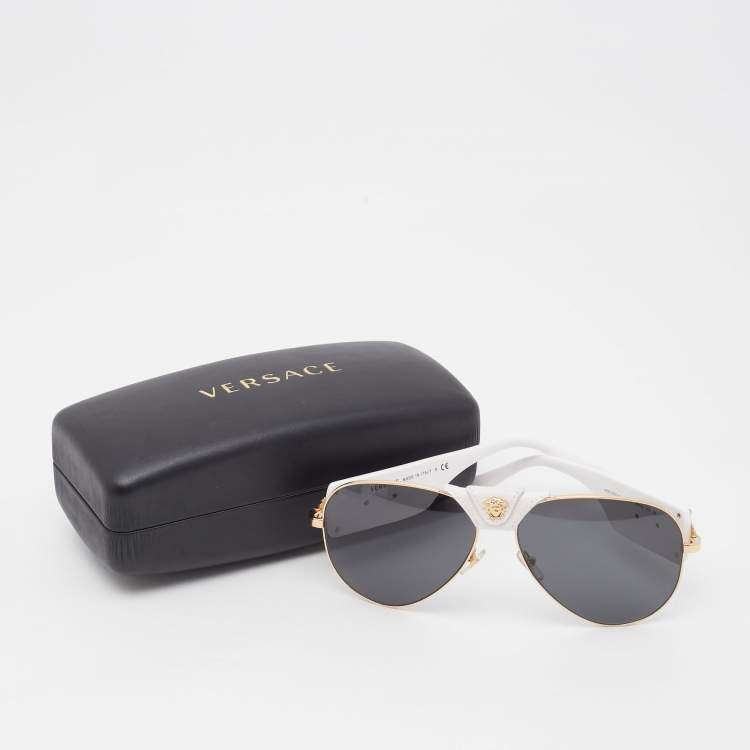 Pre Owned Versace White/Gold Baroque Aviator Sunglasses