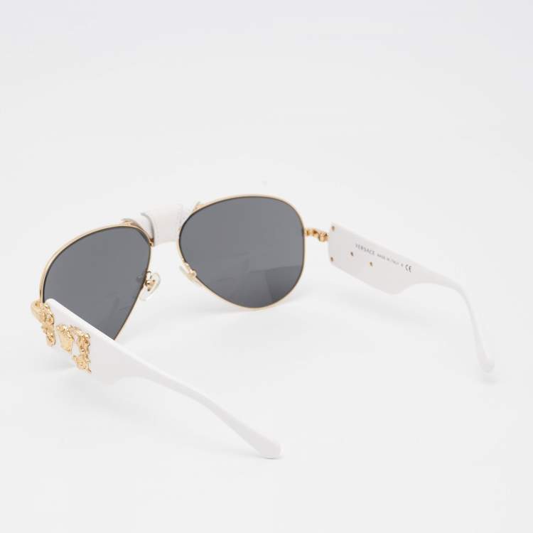 Pre Owned Versace White/Gold Baroque Aviator Sunglasses