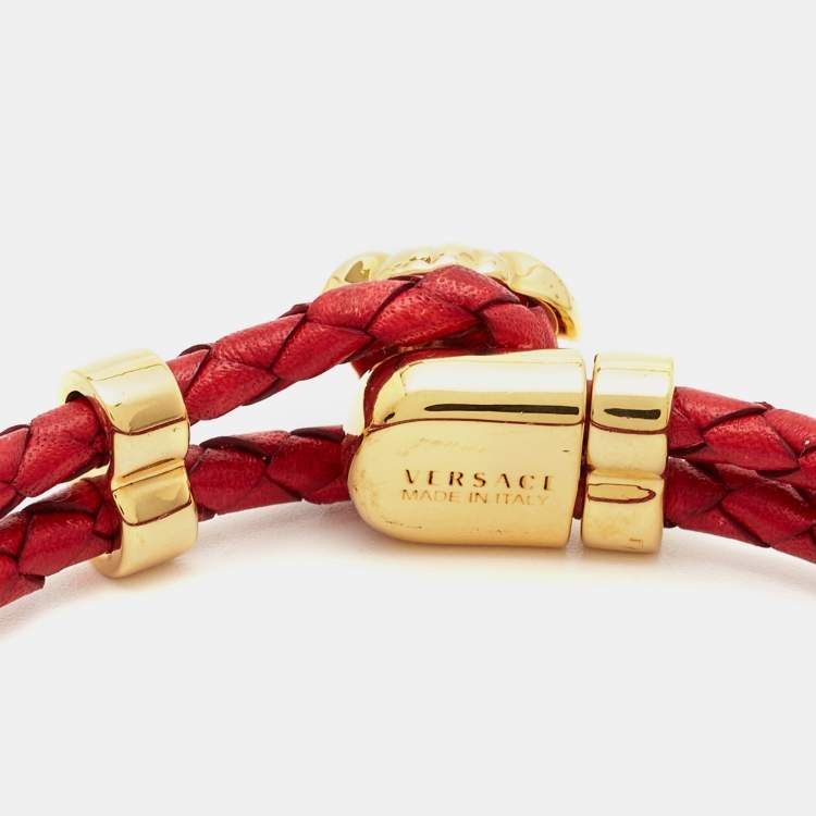 Pre Owned Versace Medusa Braided Leather Gold Tone Bracelet