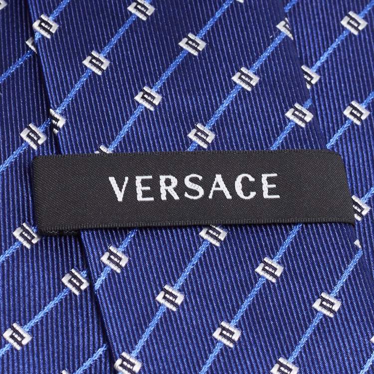 Pre Owned Versace Blue Diagonal Greek Pattern Silk Tie
