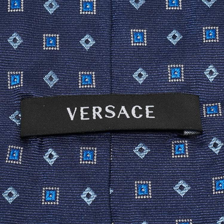 Pre Owned Versace Blue Square Pattern Jacquard Silk Tie
